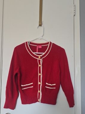 Charlotte Tarantola Red Knit Cardigan with Cream Trim